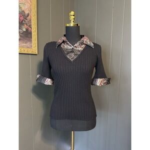 Studio 1940 Vintage Black Ribbed Polo M Medium Stretchy 90s‎ Y2K